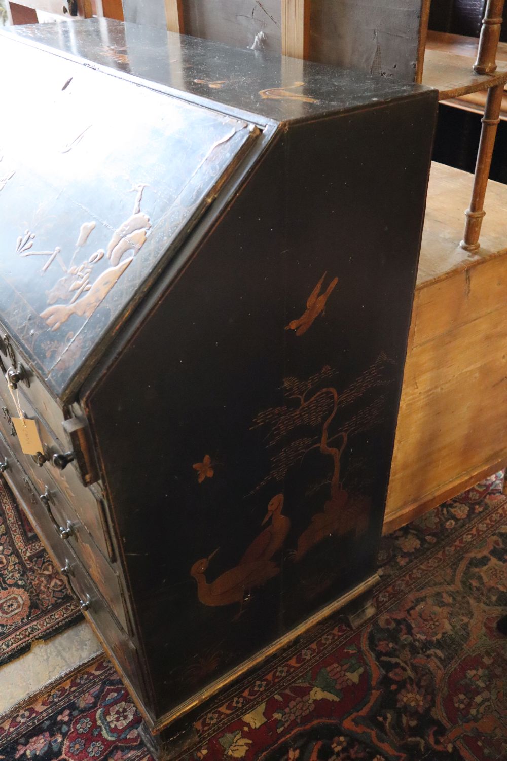 A George III black and red japanned bureau, width 91cm depth 50cm height 100cm